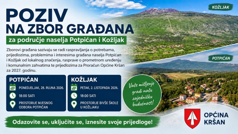 Općina Kršan sazvala zborove građana u Potpićnu i Kožljaku